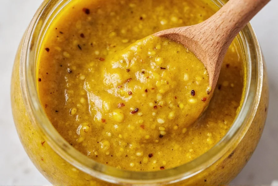 Close-up photograph of artisanal mustard with visible yellow and brown mustard seeds in a glass jar with wooden spoon