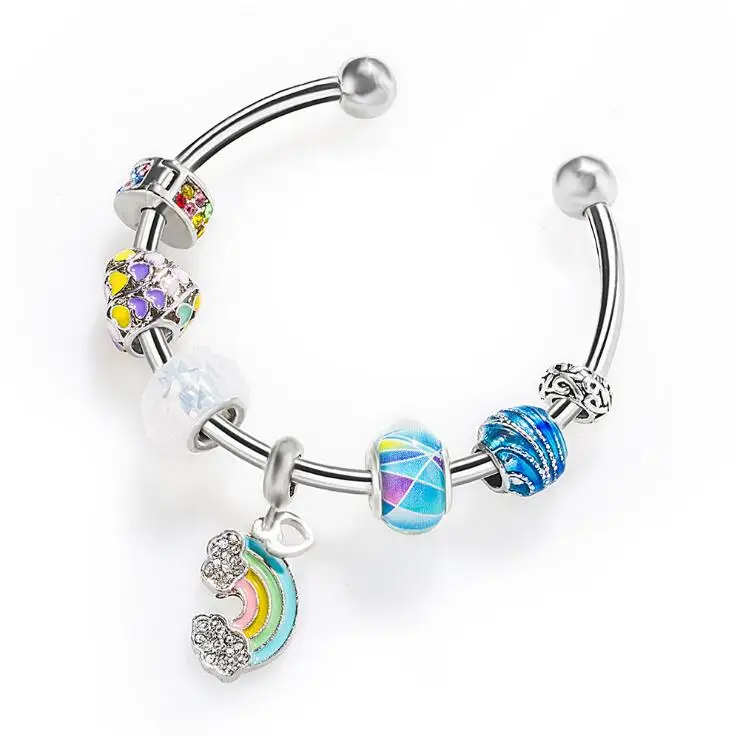 

New Hollow Rainbow Peach Heart Bead Lemon Pendant Women's Beach Open Bangle Bracelet, Silver