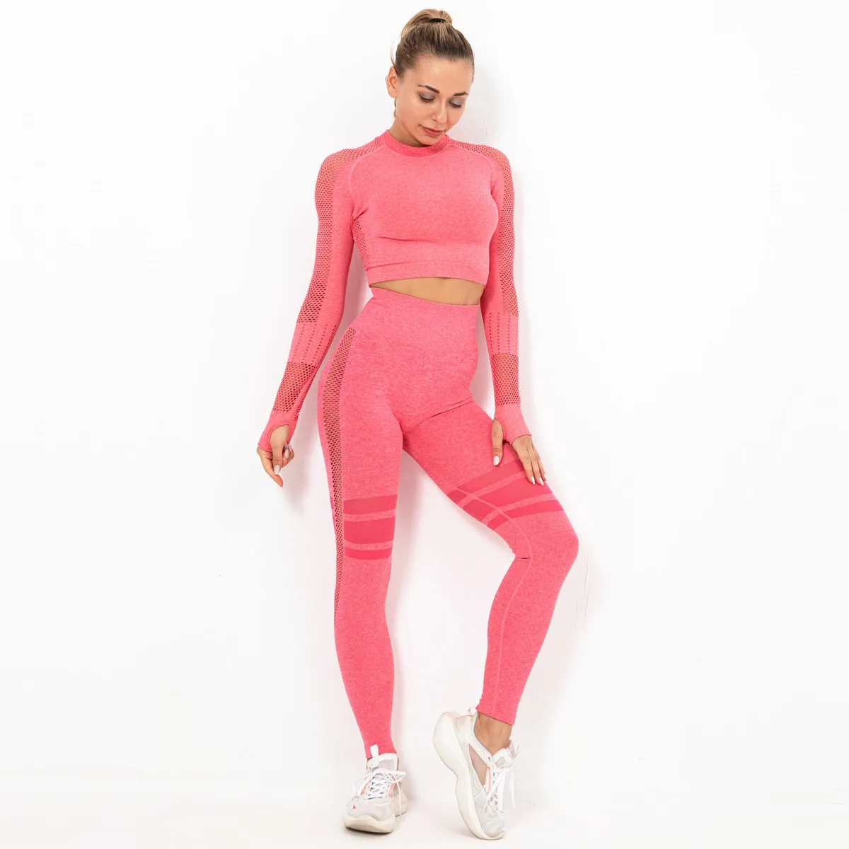 

Custom Woman High Waist Fitness Seamless Yoga Wear mesh Long Sleeve Pants Leggings Yoga Gym Set, Customized colors