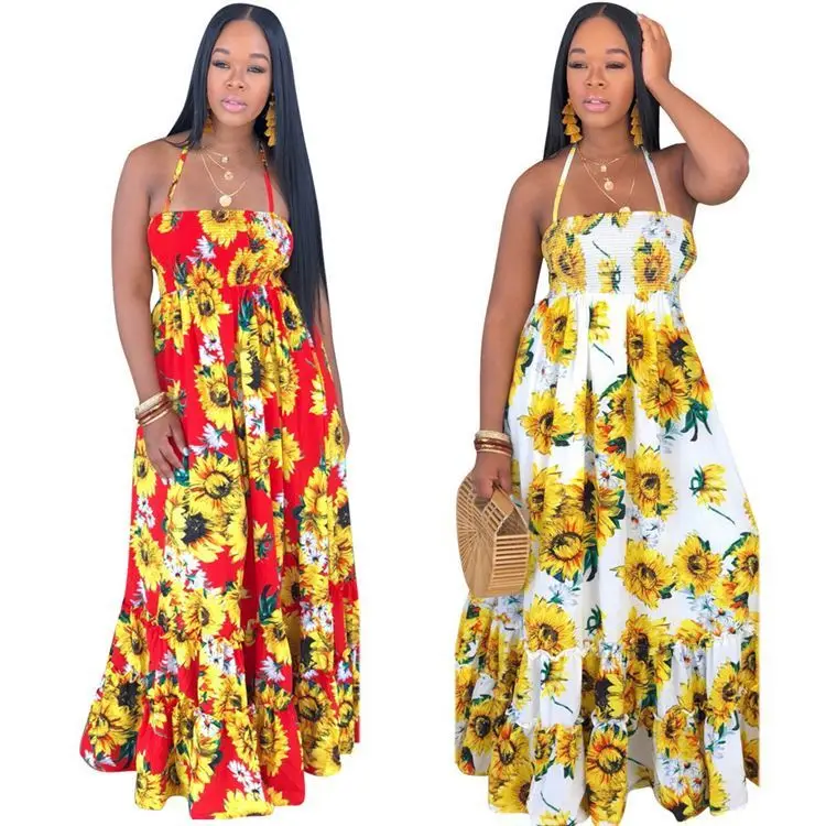 

2020 Summer Fashion Bohemian Women Casual Floral Suspender Plus Size Maxi Dresses