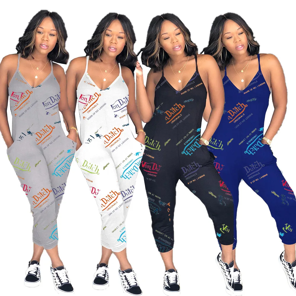 

2021 New Arrivals Sexy Summer Von Dutch Printed Jumpsuit One Piece Romper Bodycon Jumpsuit Streetwear, Shown
