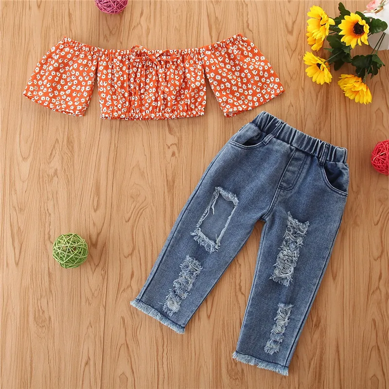 

Girls Summer Clothes Set Kids Floral T Shirt Denim Pants Clothes Set Kids Off Shoulder Tops Hole Jeans 2pcs Suit