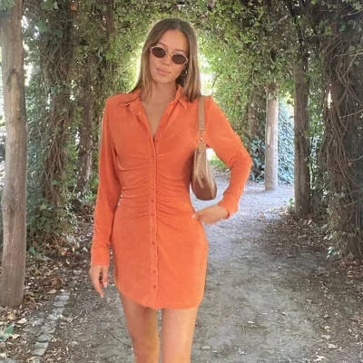 

2021 New Arrivals Solid Ruched Turndown Collar Long Sleeve Dress Streetwear Clothing Casual Nighty Dress -XB, Orange,green