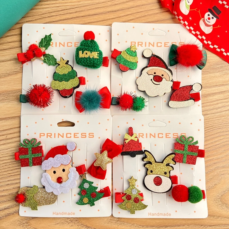 

New Arrival Cute Christmas Tree Santa Claus Pattern 5 pcs Set Hair Clips Accessories for Kids, Colorful