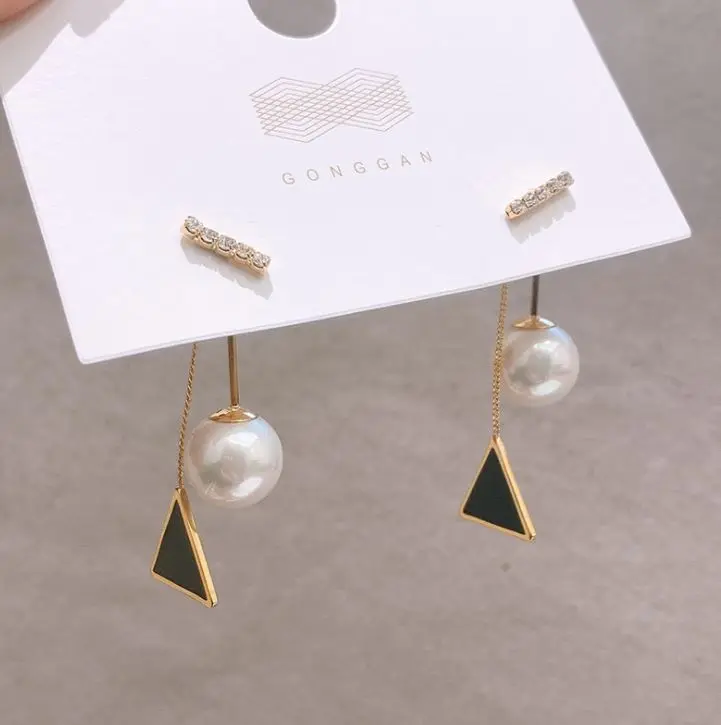 

New S925 Silver Post Two Wearing Triangle Tassel Earrings Female Korean Net Red Pearl Earrings