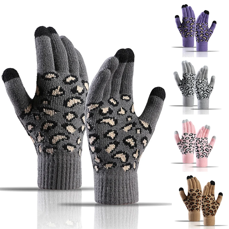 

Touchscreen Windproof Winter Thermal Leopard Jacquard Warm Acrylic Touch Screen Knitted Gloves For Women