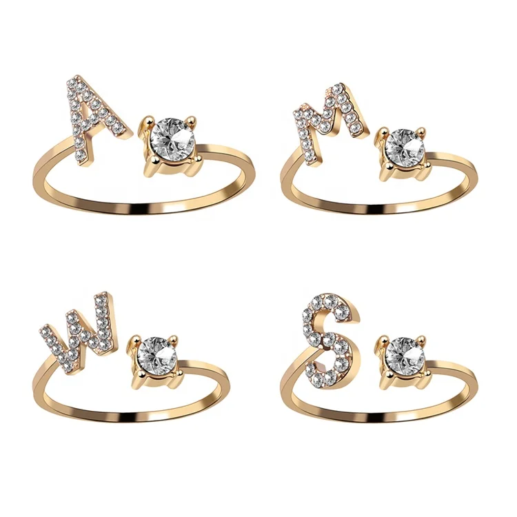 

A-Z Letter Gold Color Metal Adjustable Opening Rings For Women Initials Name Alphabet Finger Ring Trendy Party Jewelry, Picture