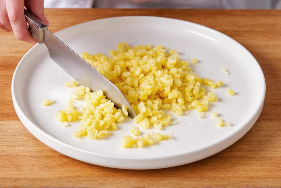 Comparison of different ginger mincing techniques showing texture variations from knife mincing to grating