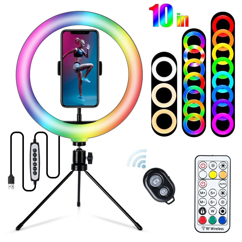 

10 Inch RGB Photography Lighting Phone Ringlight Tripod Stand Photo LED Selfie Remote Control Ring Light Lamp for Youtube Live