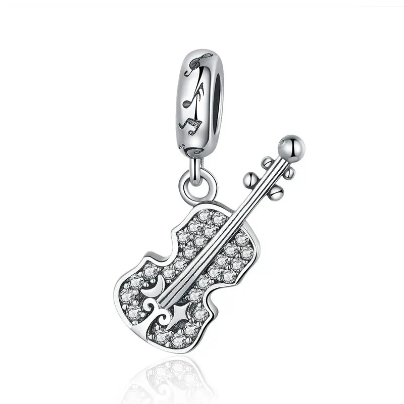 

New Collection 925 Sterling Silver Violin Shape Clear CZ Charms Beads fit Original Bracelet Bangle Jewelry Making