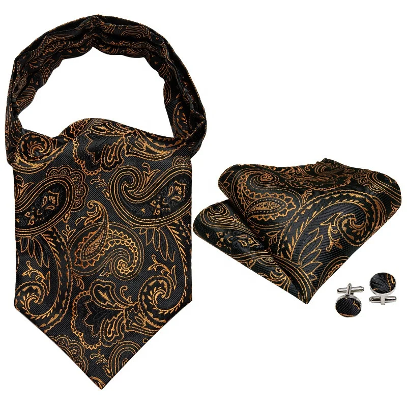 

Fashion Gold Black Jacquard Paisley Mens Silk Scarf Handkerchief Ascot Set for Formal Business