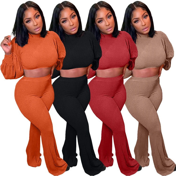 

Lowest Price Autumn Solid Color Long Puff Sleeve Crop Top Flared Pants Jogging Set Lounge Wear Two Piece Set Women Clothing