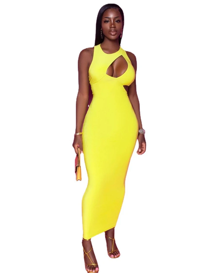 

DUODUOCOLOR Yellow hollow out sleeveless irregular sexy long dress summer casual 2021 women clothing D97699