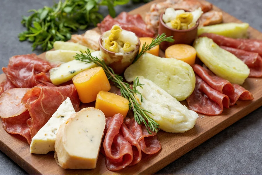 Artistically arranged platter featuring pickled fennel slices alongside various cheeses, cured meats, and fresh herbs on a wooden board