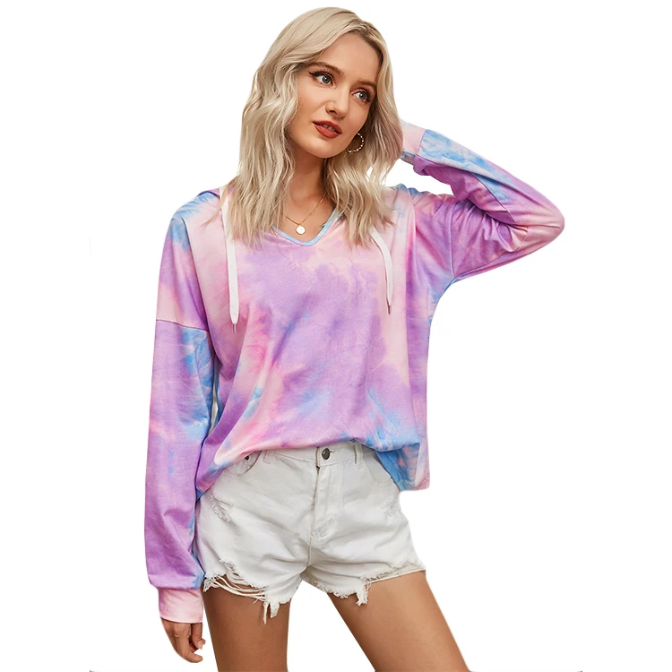 

Euromerican Hot Sale Girls Hoodies Fashionable Loose Tops Long Sleeve Pullover Casual Drawstring Tye Dye Hoodie