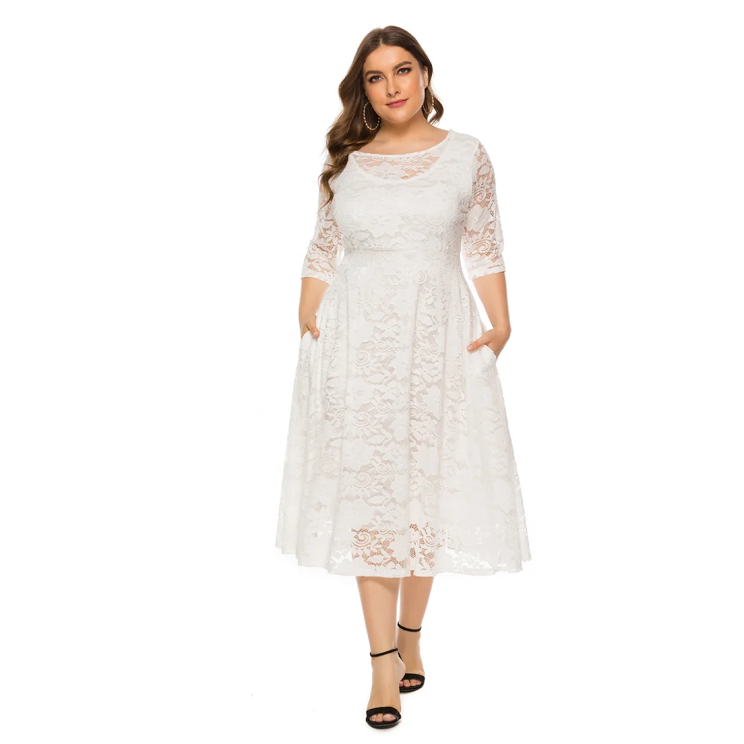 Plus Lace Floral Evening Dress Pocket