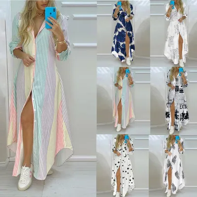 

Boho Dress 2022 Spring Single Breasted Button Irregular Long Dress Women Sexy Turn-down Collar Newspaper Letter Print Maxi Dress