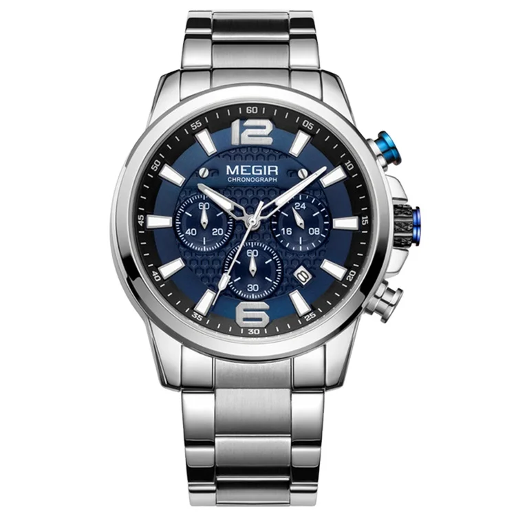 

Relogios Masculinos MEGIR 2156 Stainless Steel Back Luxury Men Watches Quartz Analog Man Clock Fashion Chronograph Watch, Black, silver, blue