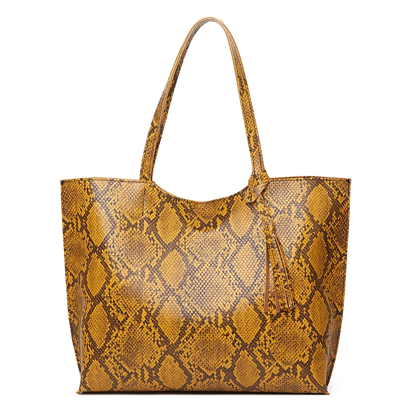 

2020 The new fashion manufacturer production customized women handbag serpentine PU snakeskin tassel tote bag, As pics