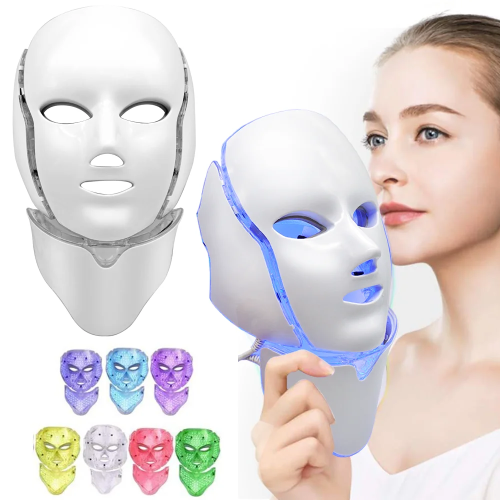 

2020 Amazon hot sell home use Beauty 7 color light therapy led face mask, White,gold