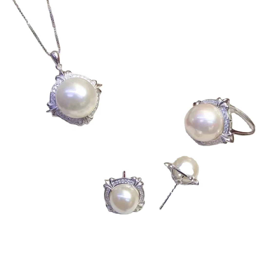 JW071 9-13mm  DIY Natural Real Freshwater Pearl Set Charm  Accessories 925 Sterling Silver  Gold Plated Jewelry Set for Women