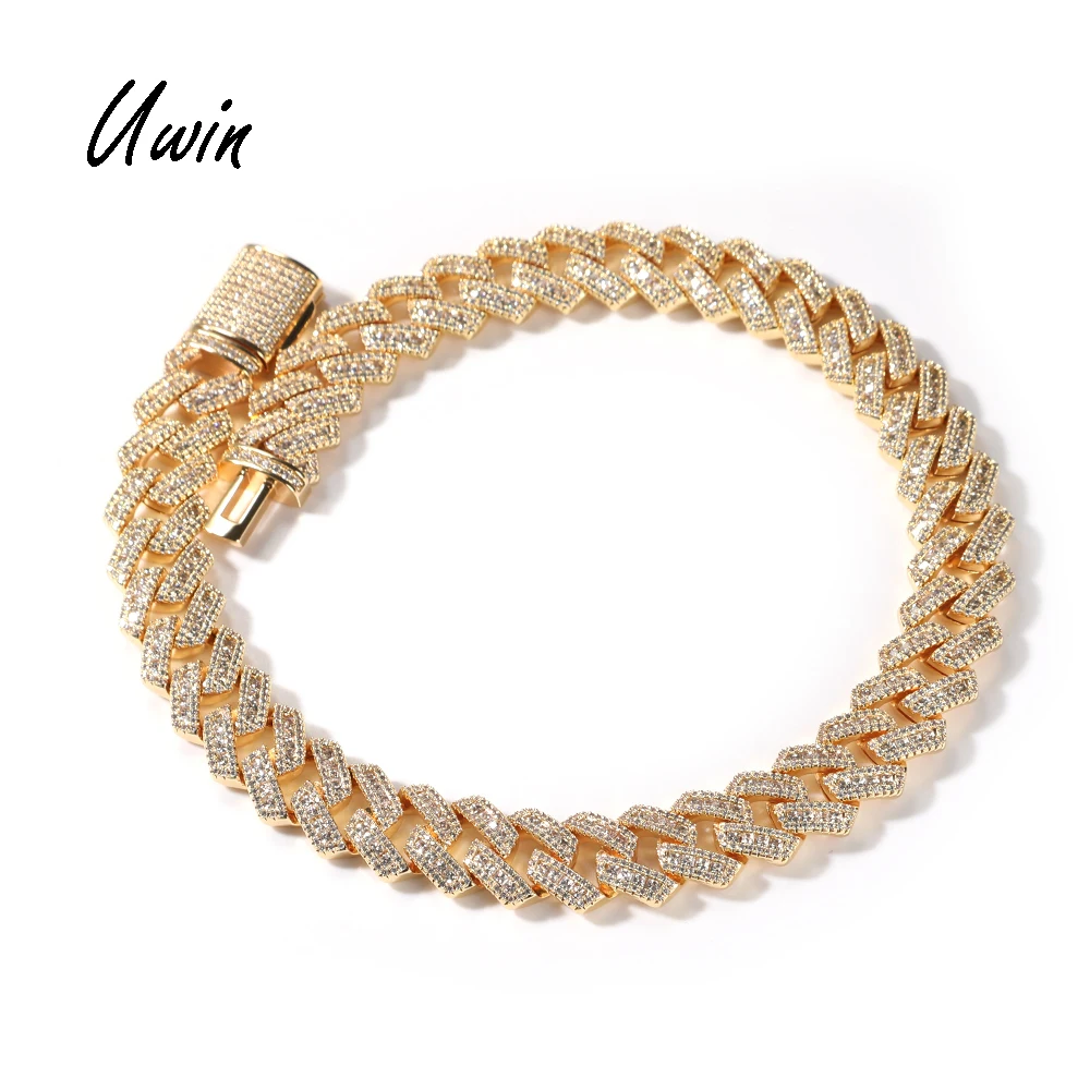 

UWIN Iced Out 17mm Rhinestones Miami Cuban Link Chain Baguette Cuban Chain Necklace Bracelet Women Men Rapper Jewelry, Gold, silver, rose gold