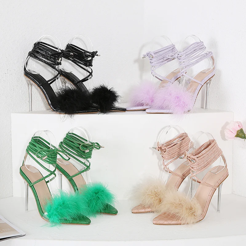 

112526 2021 new style hairy sandals with crystal heel and thin strap Roman style women's shoes 35-42