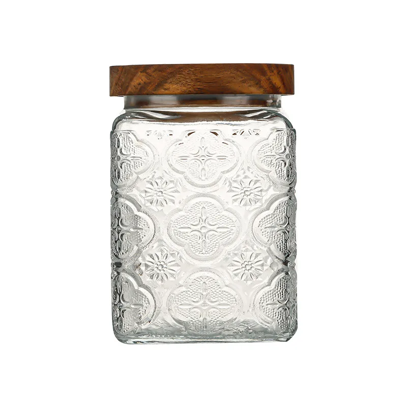 

Retro Dried Fruit Kitchen Storage Jar Pattern Embossed Sealed Glass Storage Jar with Wood Lid Cover