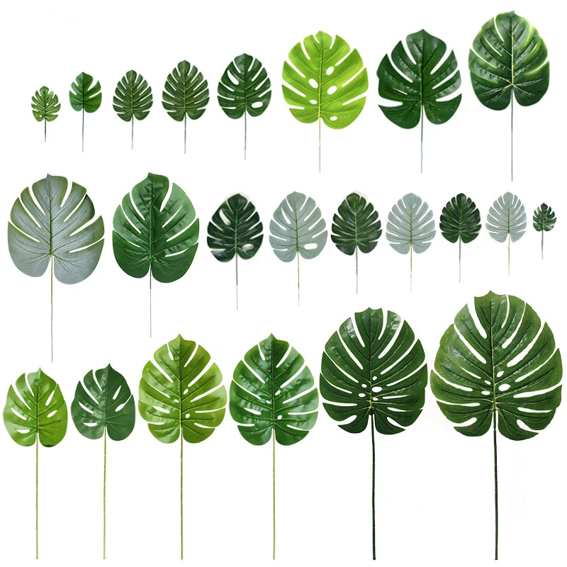 

X137 Wholesale Silk Material Long Leaf Single branch Tropical Tree Monstera Artificial Green Bamboo Palm Leaves for home decor, Multi-colors