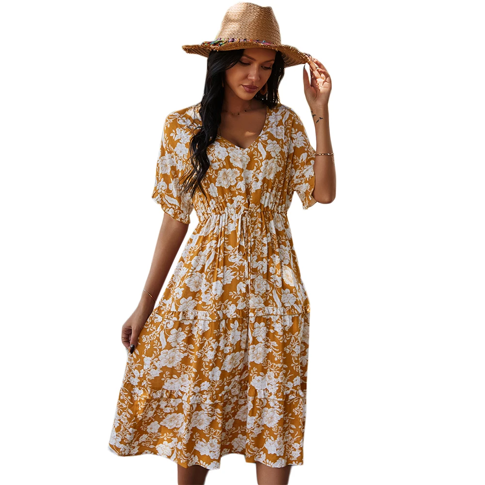 

New Trendy Mint Green Loose Casual Bohemian Woman Floral Dress Short Sleeve