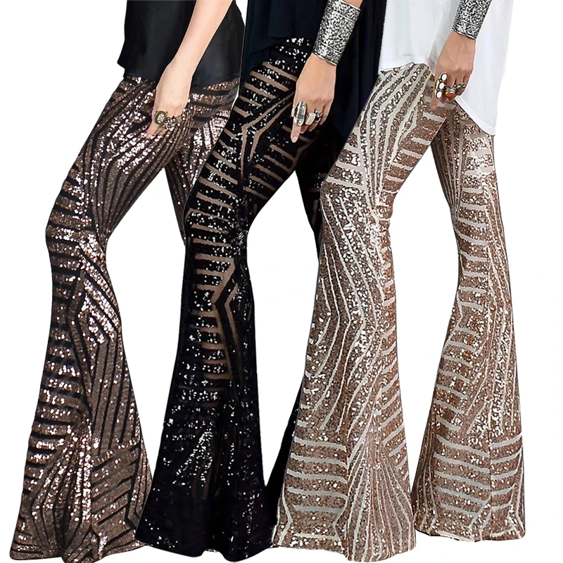 

New Arrive Casual Women Black Fashionable Sequin Trousers Wide Leg Pants, Customized wide leg pants