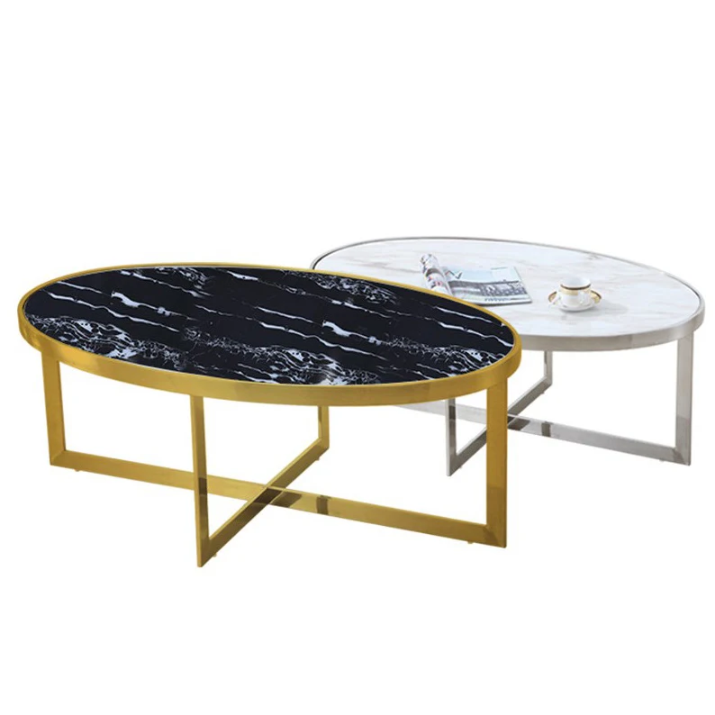 Italian Luxury Oval Shape Gold Stainless Steel Frame Coffee Table With