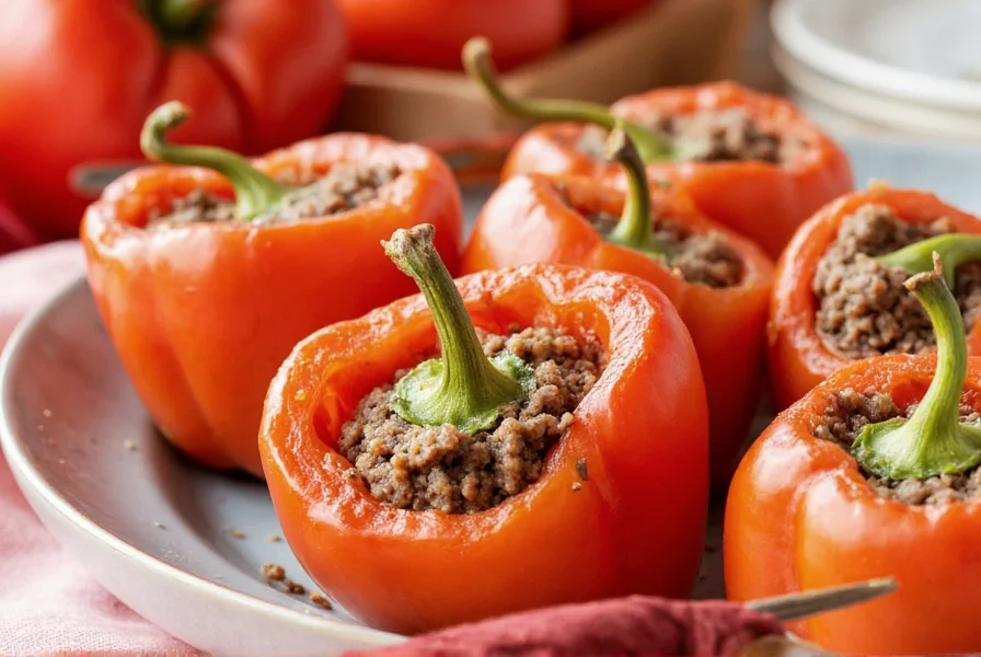 Traditional Hungarian stuffed paprika with minced meat served on white plate with sour cream dollop and fresh parsley