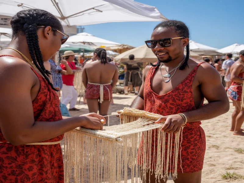 Artists demonstrating weaving techniques at coastal festival