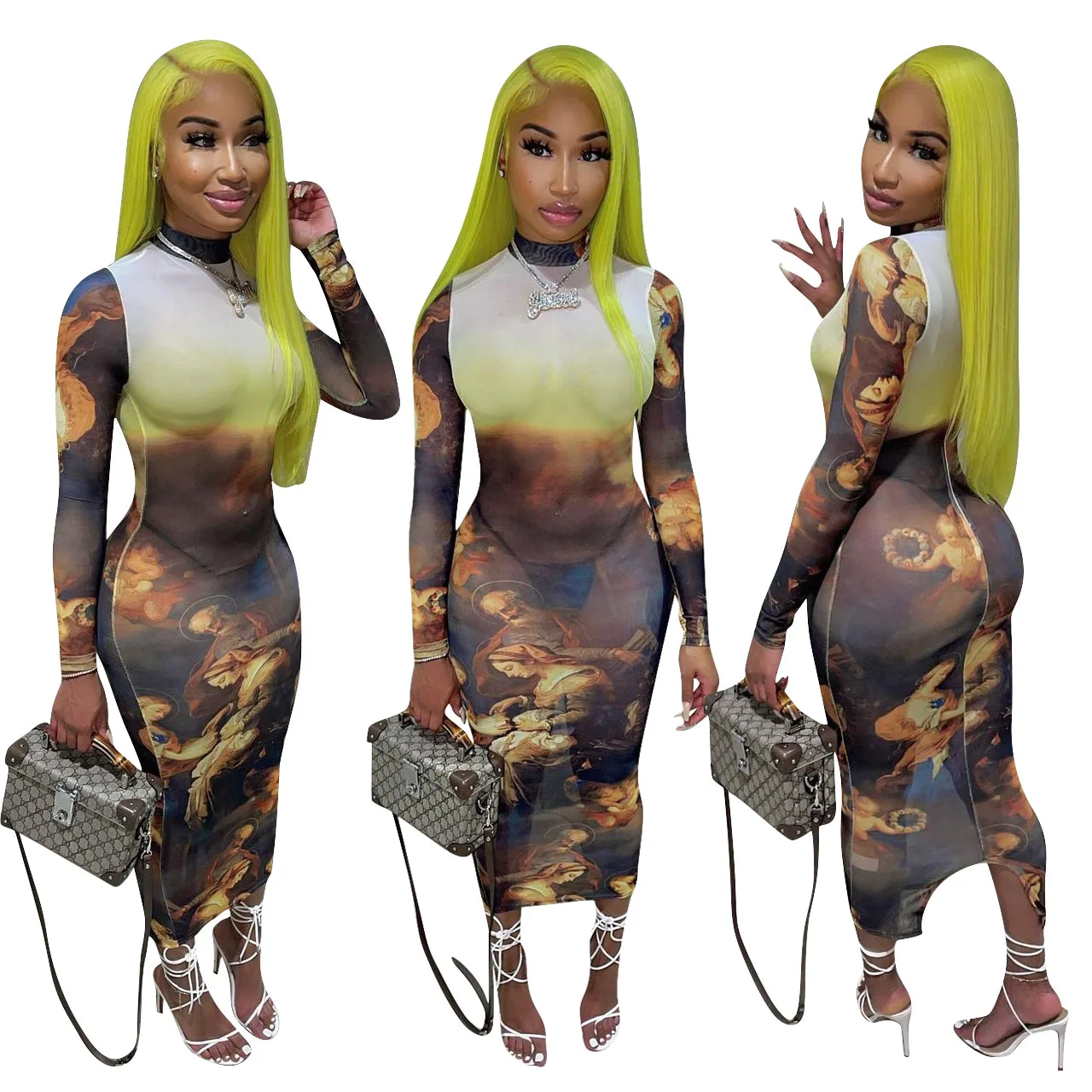 

Foma YD1059 spring summer Fashion printed Casual womens dresses 2021 trending long sleeve dress