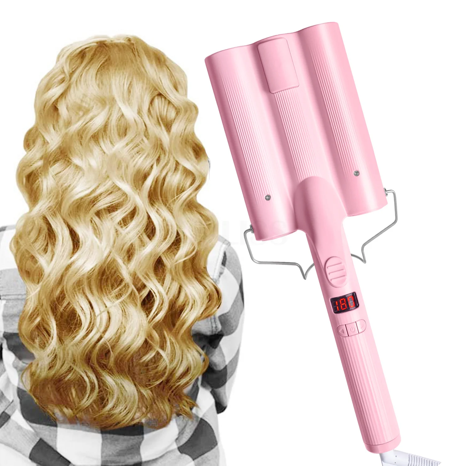 

3 Barrel Curler Dual Voltage Barrel Wand Curler LCD Display Big wavy curly Hair Curler Iron, Pink