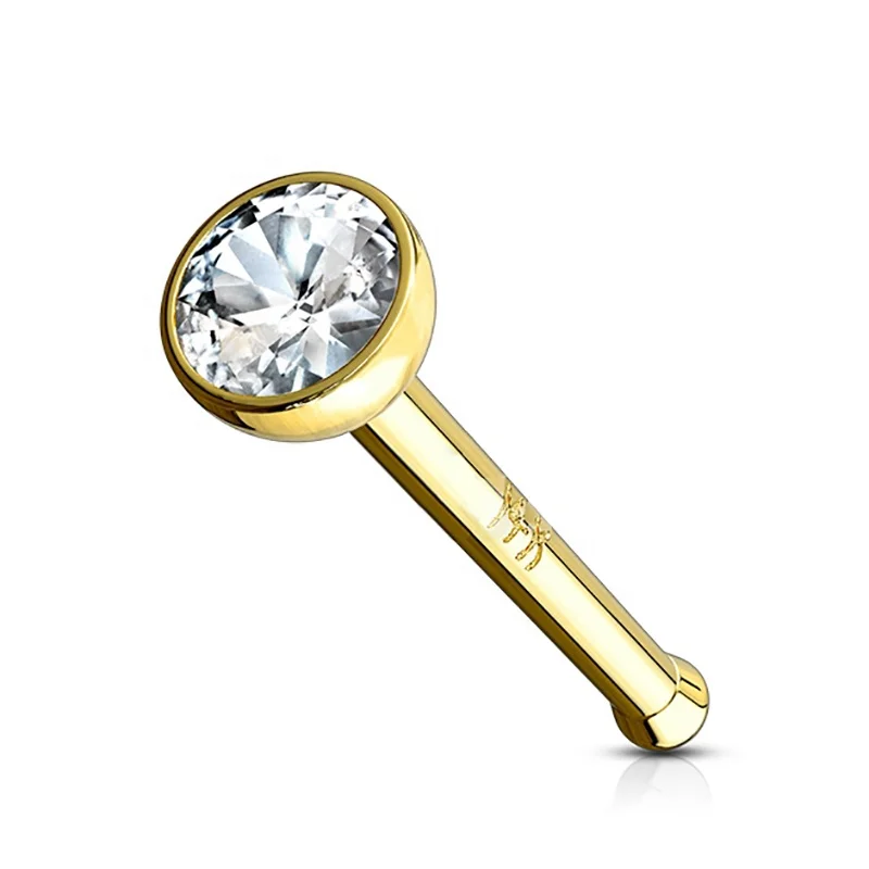 

2023 hip hop crystal bling custom Bezel Set Clear 2mm CZ Ball 14K Solid Gold Nose Stud Ring