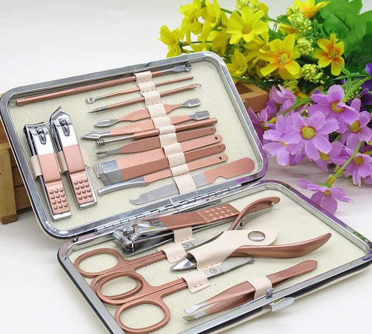 

Manicure set professional nail clippers kit pedicure care tools- stainless steel women grooming kit 18pcs, Rose gold