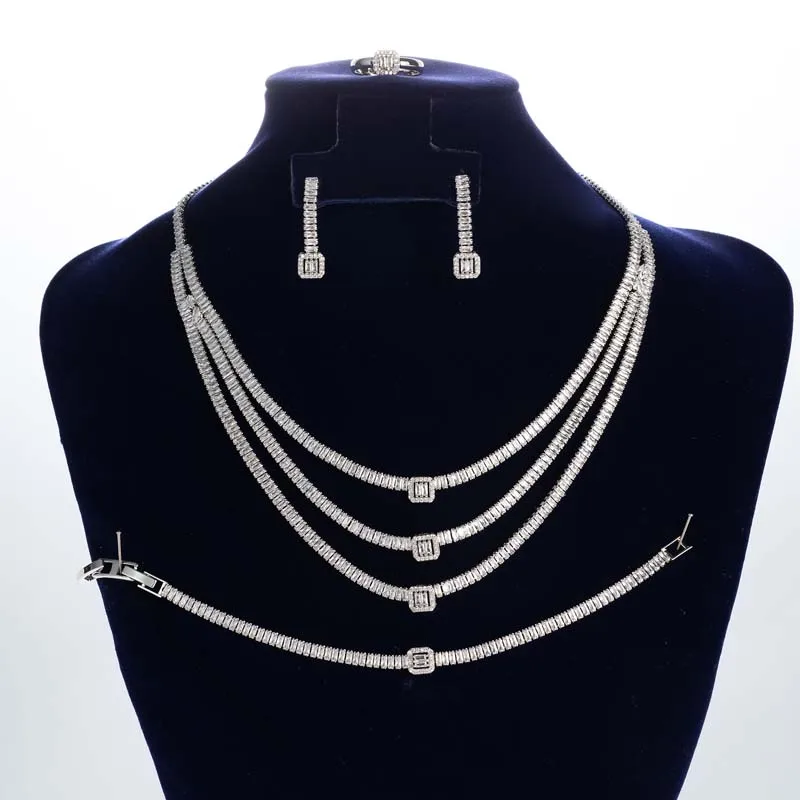 Bridal Three Layer Necklace Classic Cubic Zircon 4 Pieces Jewelry Set Wedding Earrings Bracelet Ring BN8324 Accesorios Para Boda