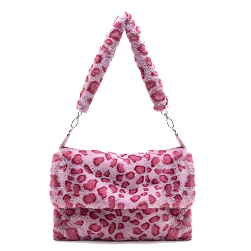 

Niche Design Autumn And Winter Color Plush Shoulder Bag Fashion Cute Casual Lady Handbag Sexy Pink Leopard Print Underarm Bag