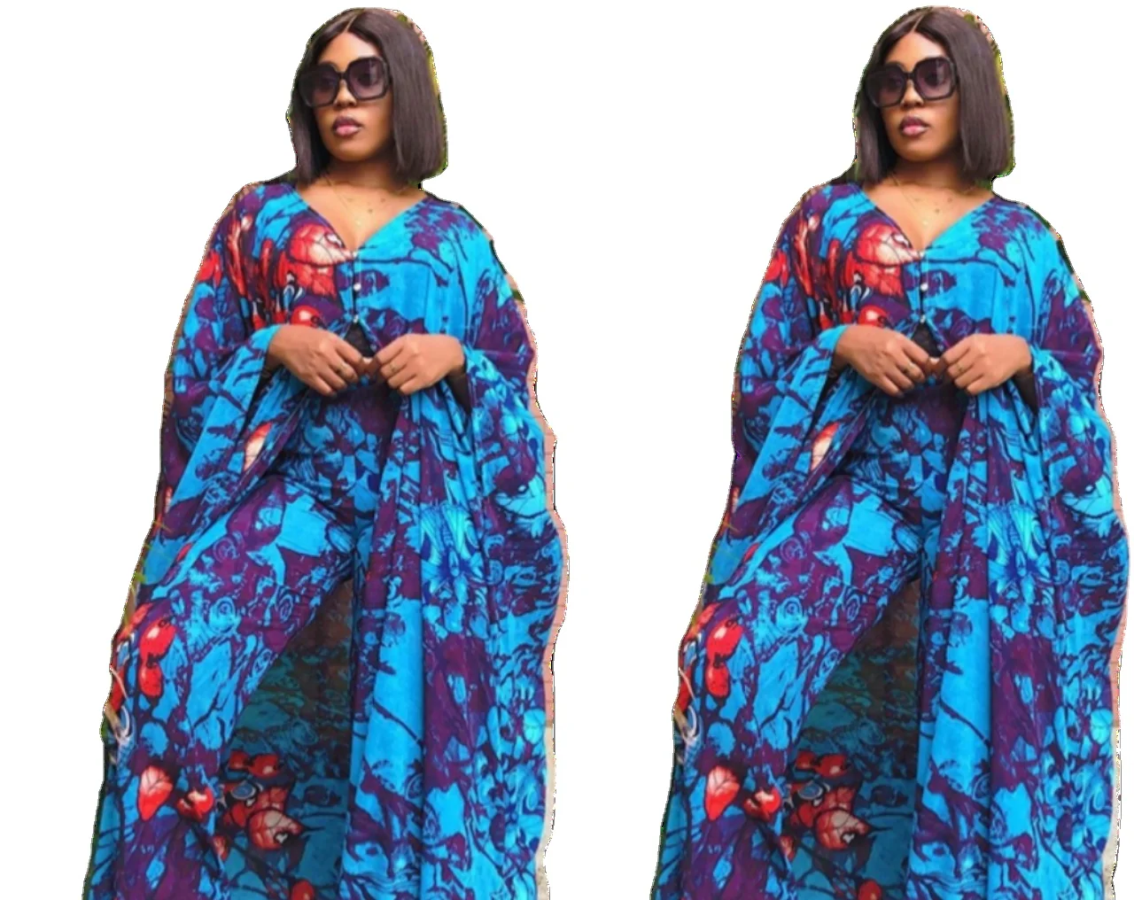 

2023 Large size women's robe printed chiffon cardigan pants dress set