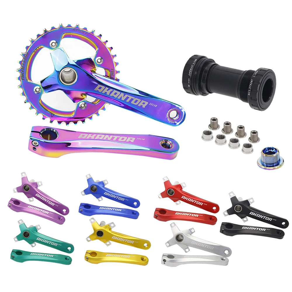 

AKANTOR mtb road bike alloy chainring axis sprocket set bicycle crank bottom bracket chainwheel bearing BB crankset, Black/red/blue/green/yellow/rainbow color/silver/purple