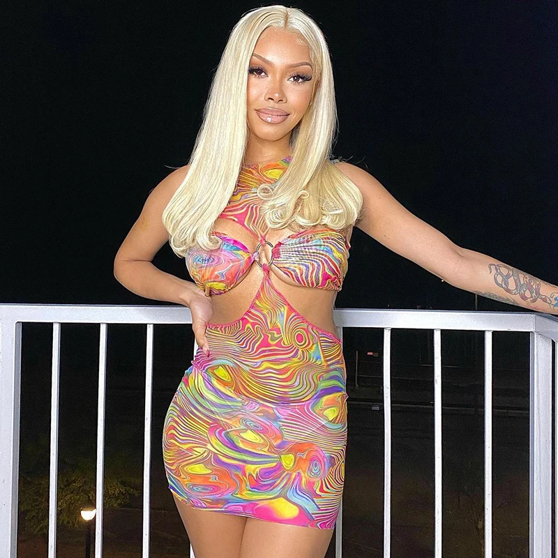 

Hot summer night club hollow out dresses sleeveless colorful printing women casual summer dresses, As picture shown or customized following customer design