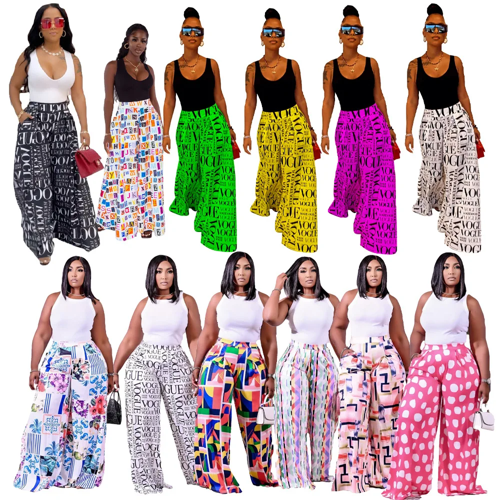 

S&J Fashion Vogu Letter Print Casual Wide Leg Dress Pants With Pockets Women Graffiti Flared Trousers Plus Size Streetwear