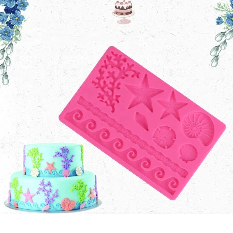 

Seaweed pentagram star conch fondant silica gel Sea Shell Coral Silicone Cake Border Fondant Decor Mould Sugarcraft Icing Mold, Pink,sapphire