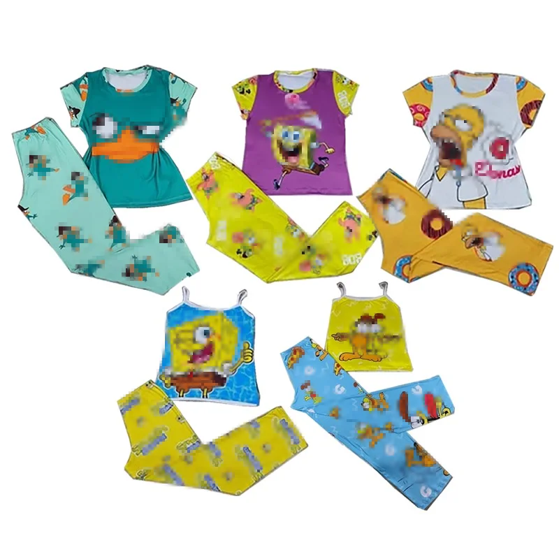 

Ready To Ship Whole sale Long Sleeve Cartoon Character Two Piece Pants Pyjama Set Sleepwear Cartoon Pajamas For Women