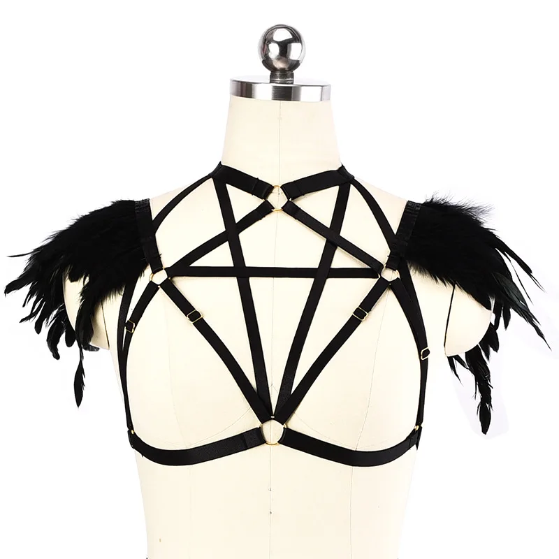 

Wholesale New Women Cosplay Black Feather Harness Elastic Sexy Erotic Underwear Sexy Underwear Cupless Cage
