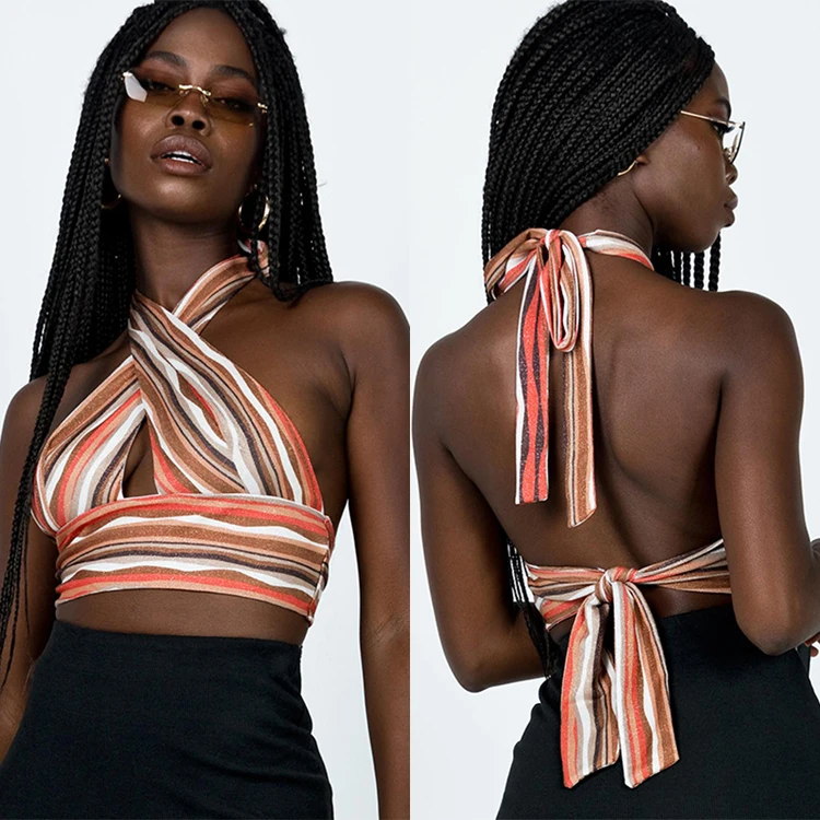 

Popular 2021 Fashion Women Striped Print Multicolor Bandage Halter Cross Criss Backless Crop Top Sexy Tank Top For Women, Colorful