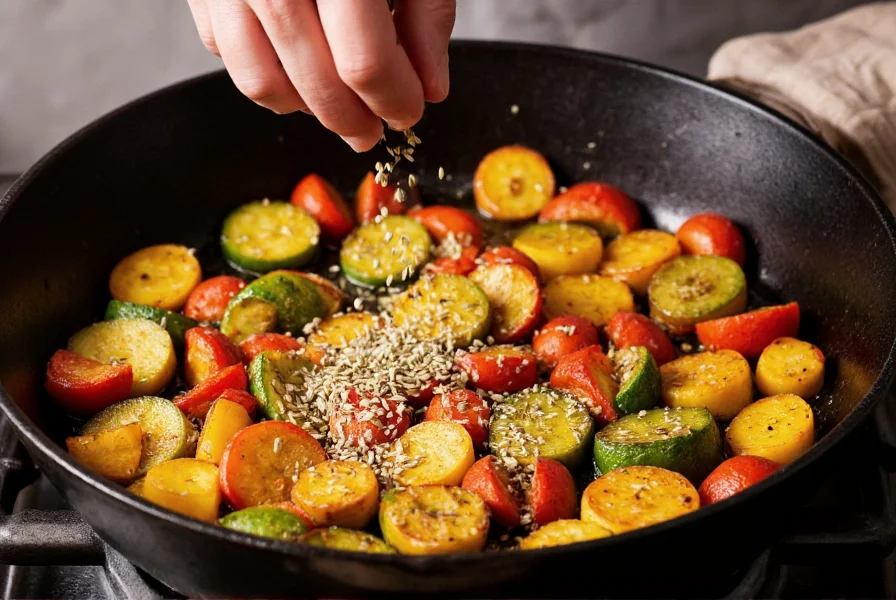 Chef's hand sprinkling freshly crushed fennel seeds over roasted vegetables in cast iron skillet