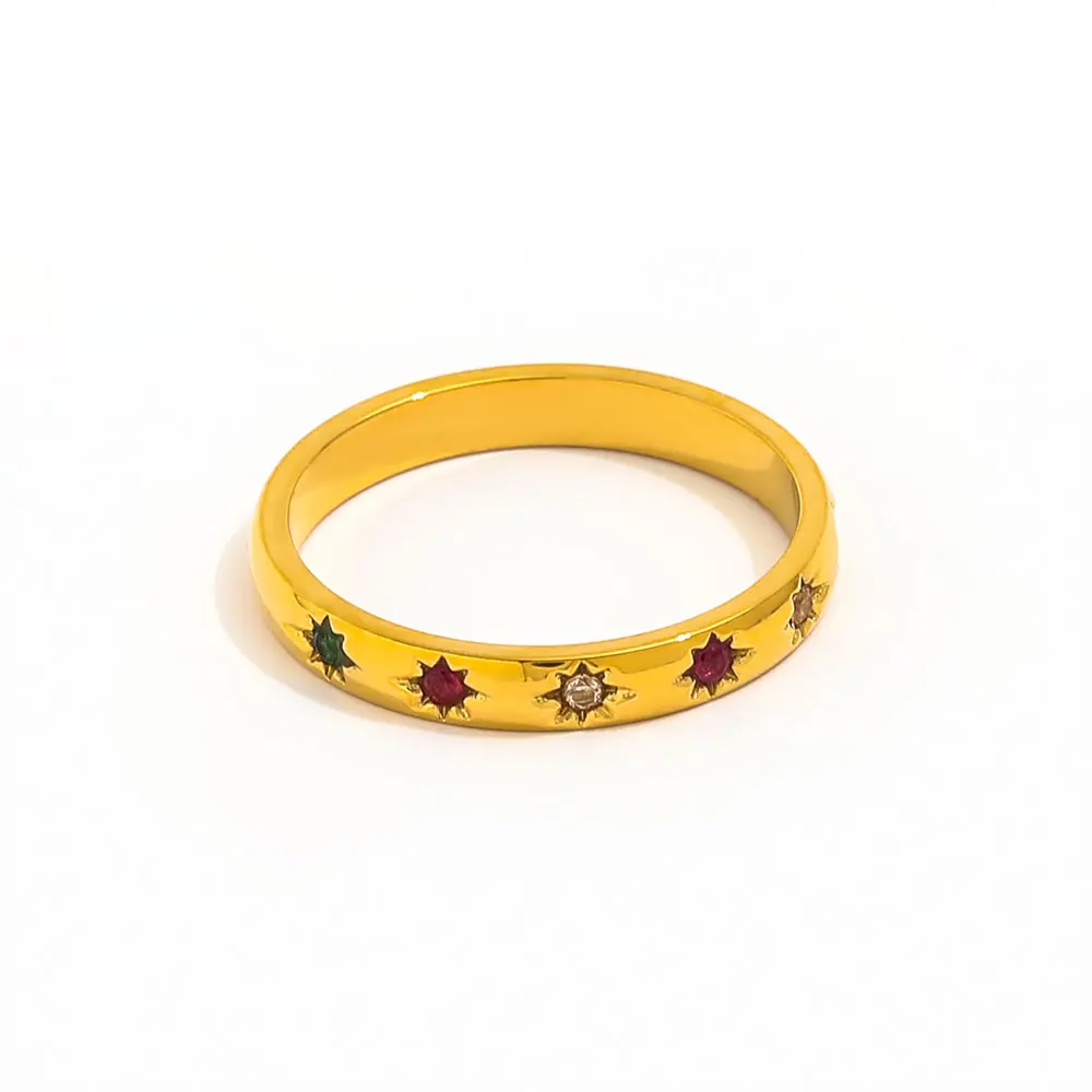High End 18K Plain Gold Colorful Diamond Rings Stainless Steel Trendy Simple Gold Plated Jewelry